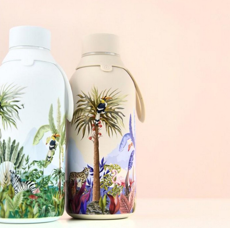 Borraccia termica beige decorata con giungla e animali in acciaio inox doppia parete da 500 ml